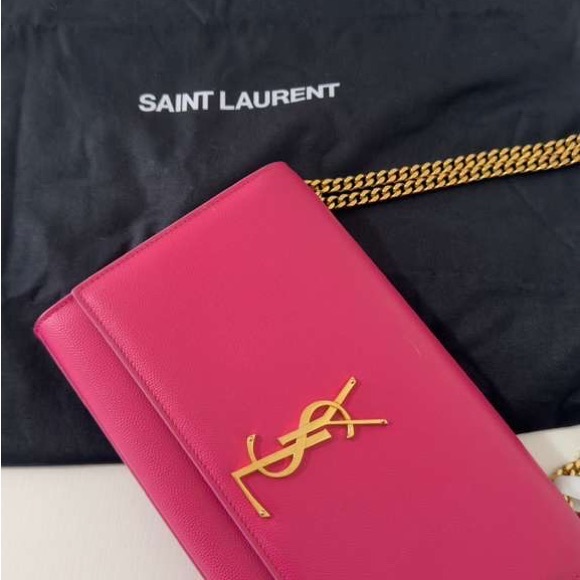 Saint Laurent Handbags - Saint Laurent Fuchsia Clutch with Gold Accents